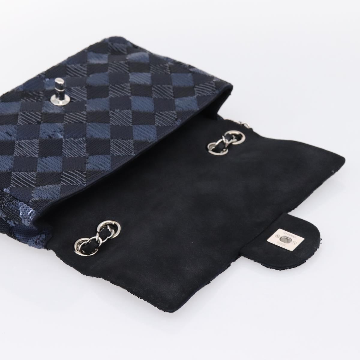 CHANEL Matelasse Double Flap Chain Bag Sequin Navy Silver CC Auth am12561SM