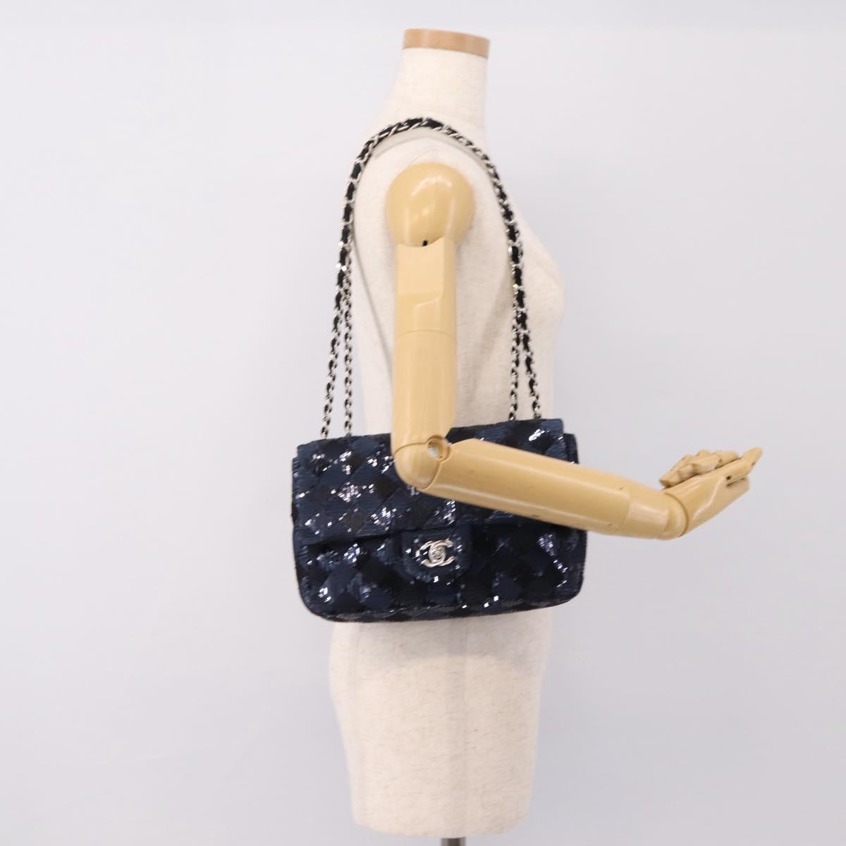 CHANEL Matelasse Double Flap Chain Bag Sequin Navy Silver CC Auth am12561SM