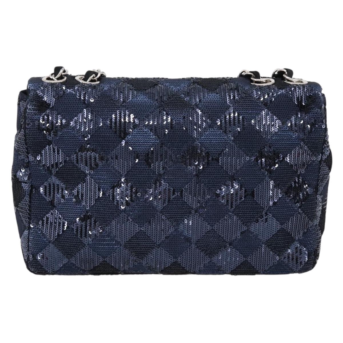 CHANEL Matelasse Double Flap Chain Bag Sequin Navy Silver CC Auth am12561SM