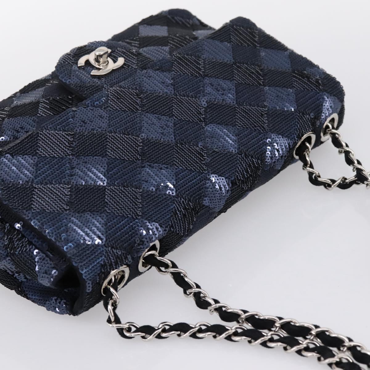 CHANEL Matelasse Double Flap Chain Bag Sequin Navy Silver CC Auth am12561SM