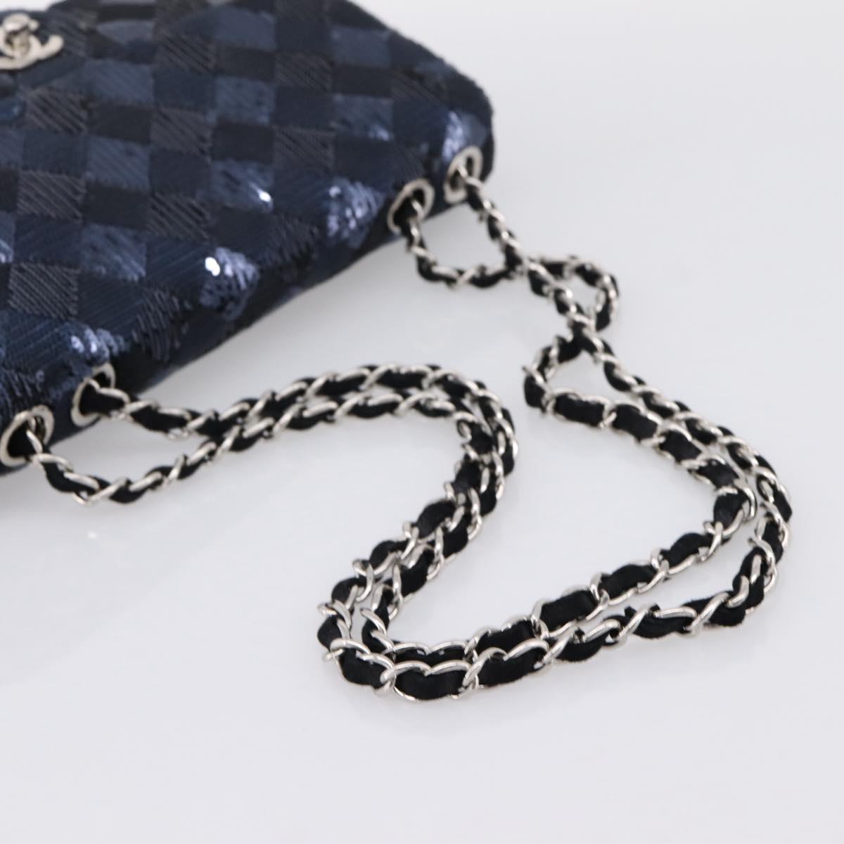 CHANEL Matelasse Double Flap Chain Bag Sequin Navy Silver CC Auth am12561SM