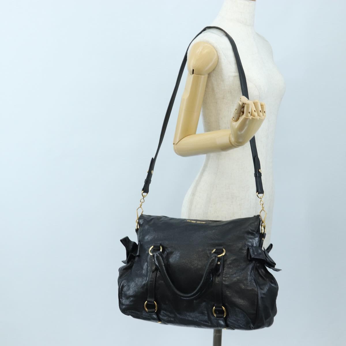 Miu Miu Side Ribbon Hand Bag Leather 2way Black Gold Auth am12564V