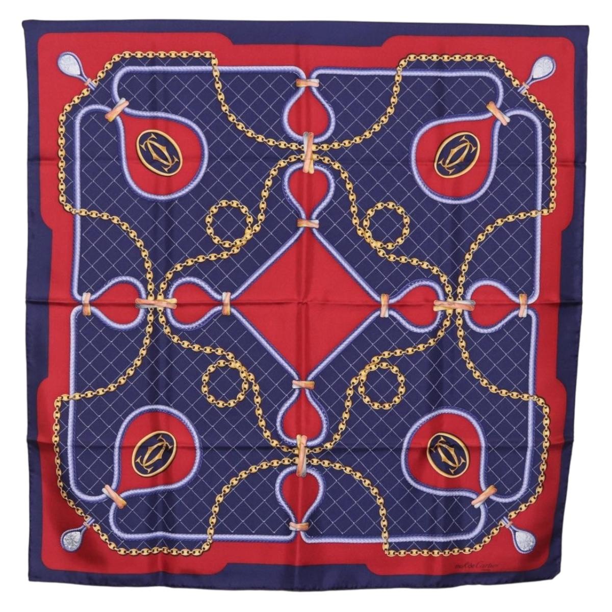 CARTIER Scarf Silk Navy Red Auth am12567M