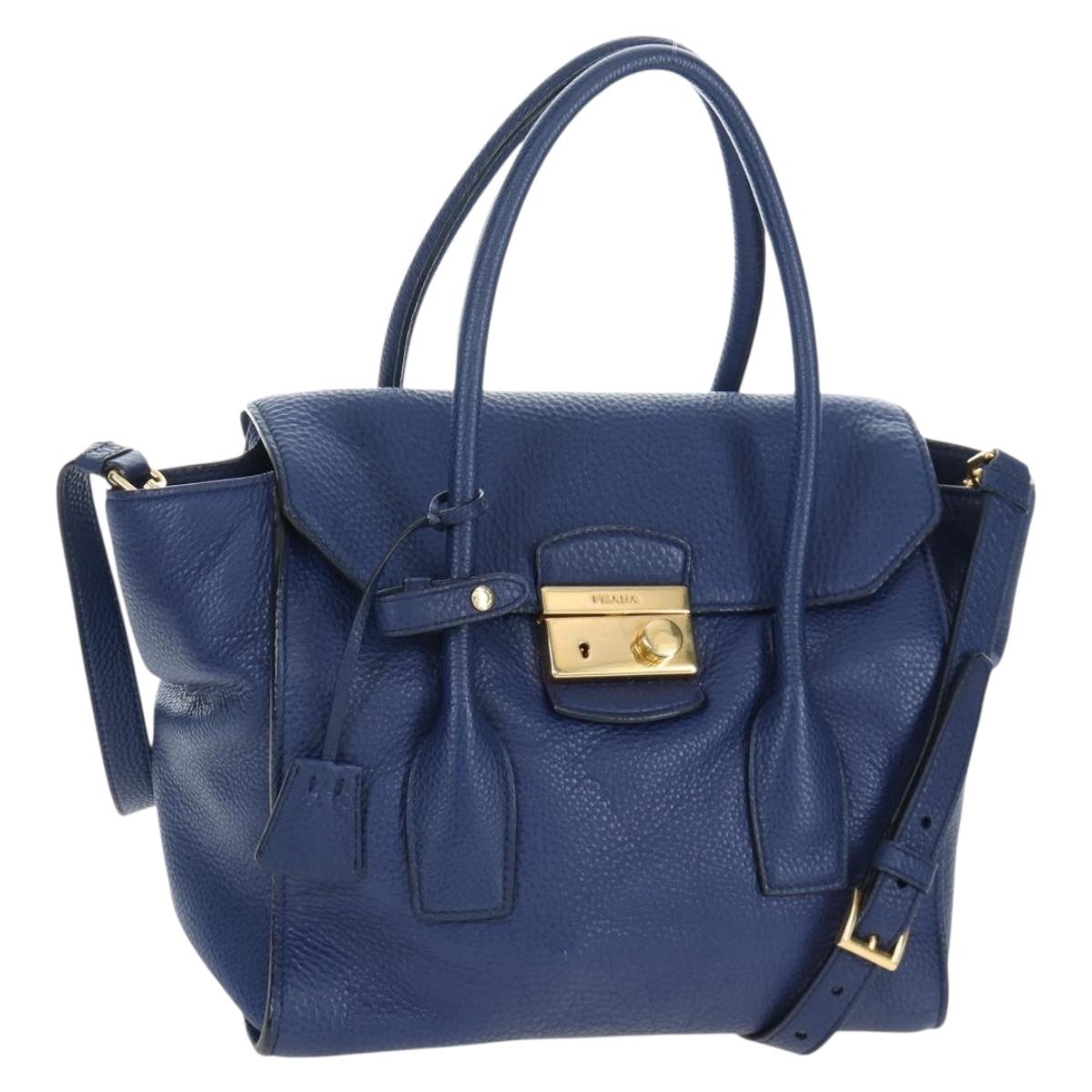 PRADA Ready lock Hand Bag Taurillon Clemence Leather 2way Blue Auth am12570V