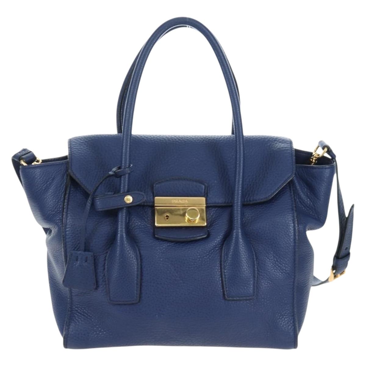 PRADA Ready lock Hand Bag Taurillon Clemence Leather 2way Blue Auth am12570V