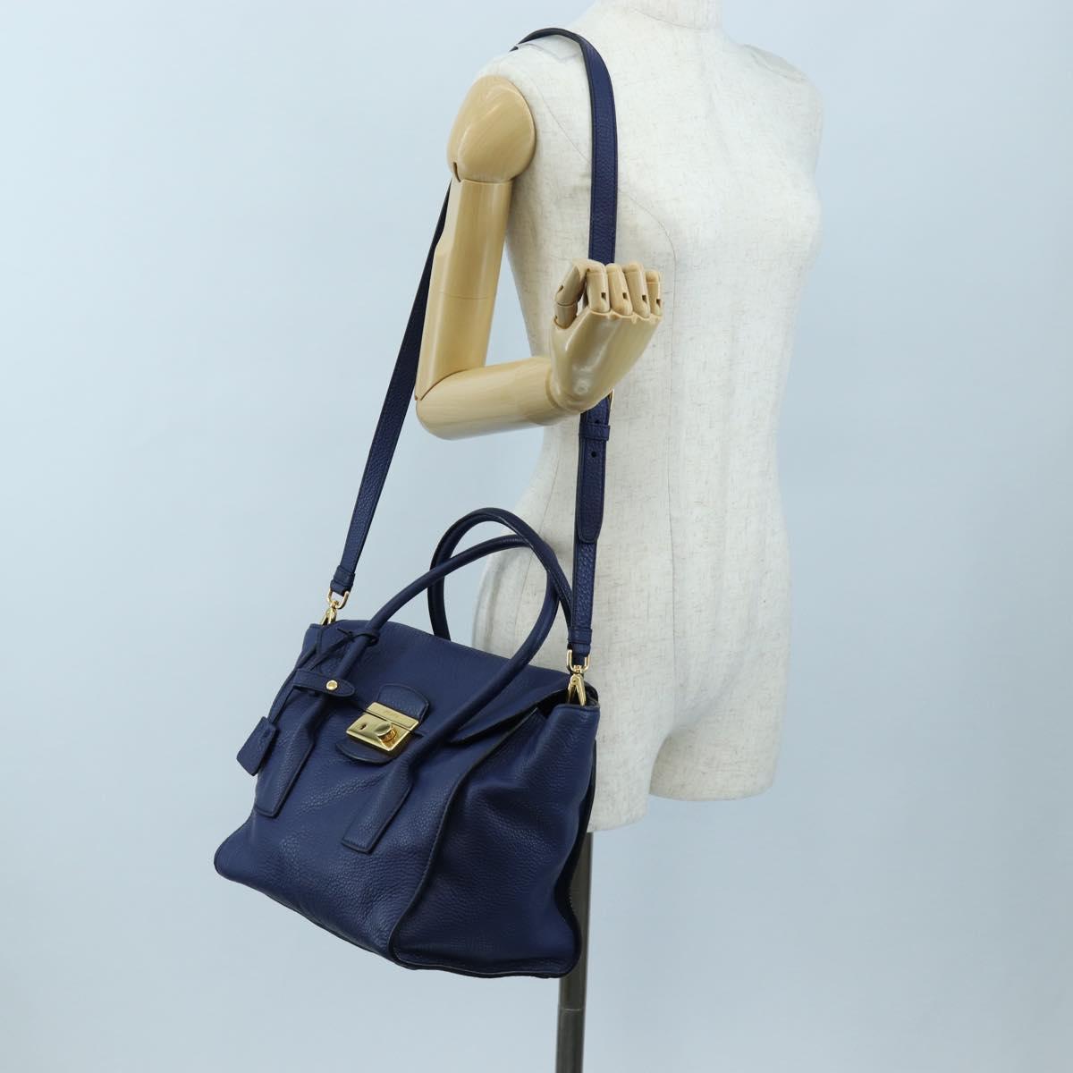 PRADA Ready lock Hand Bag Taurillon Clemence Leather 2way Blue Auth am12570V