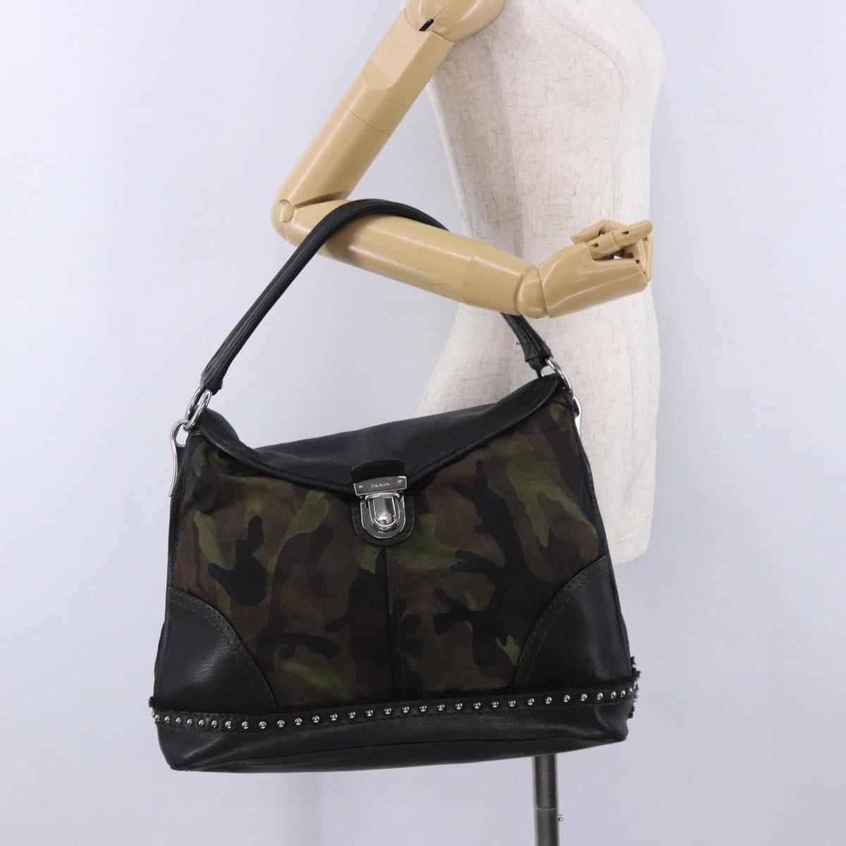 PRADA Shoulder Bag Nylon Leather Khaki Silver BR4549 Auth am12573V