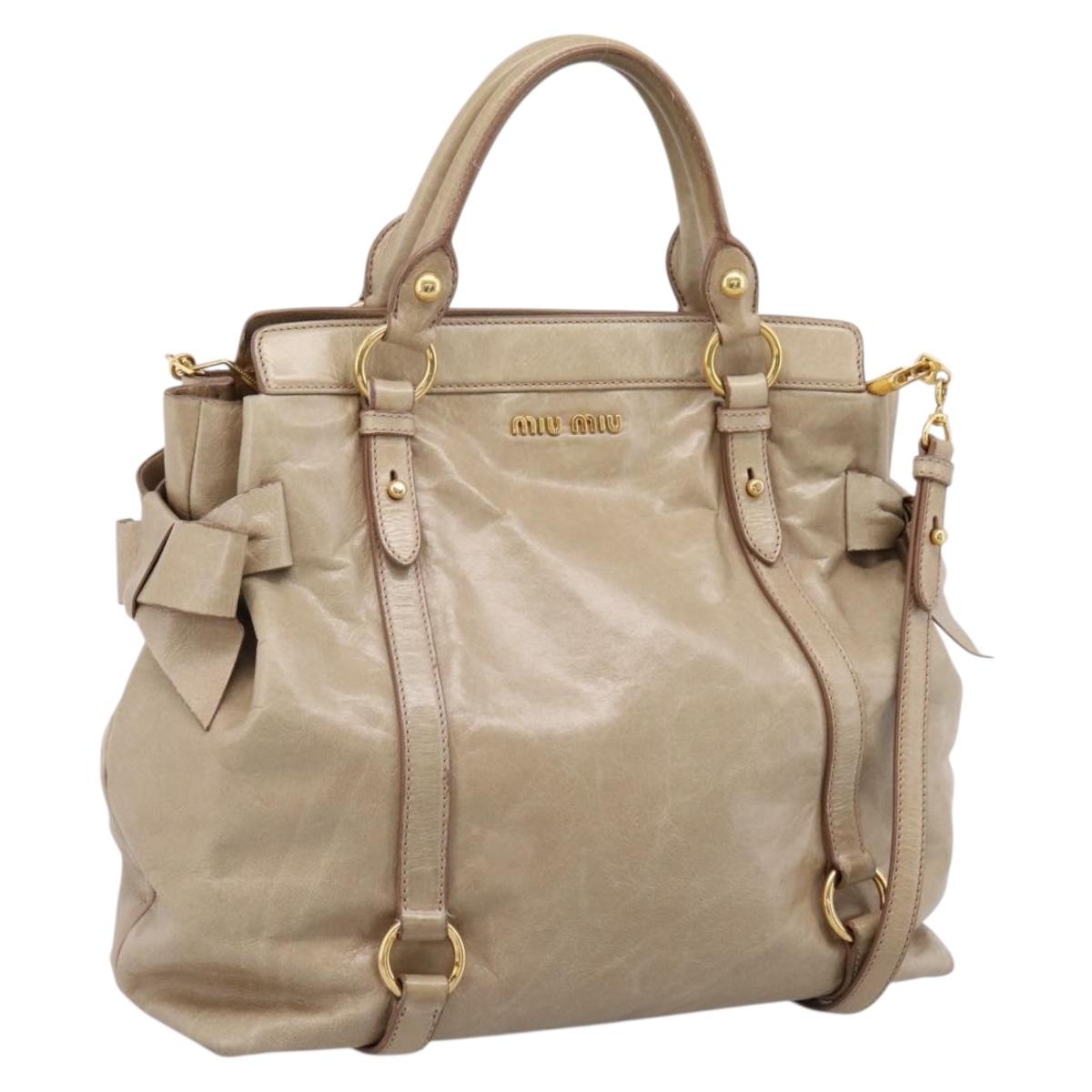 Miu Miu Side Ribbon Hand Bag Leather 2way Beige Gold RN0939 Auth am12577V