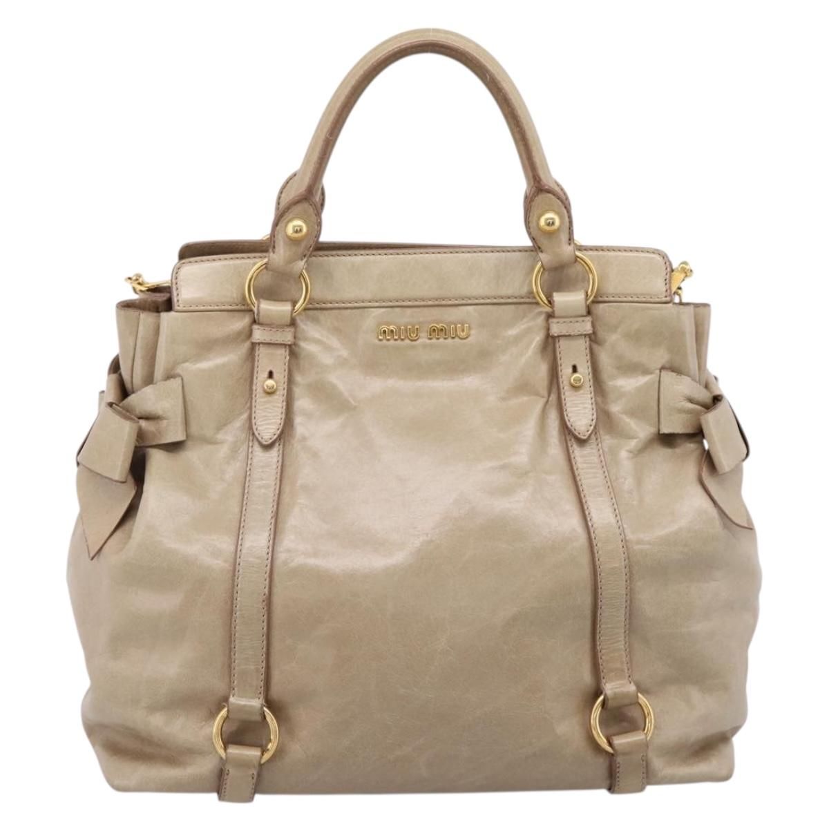 Miu Miu Side Ribbon Hand Bag Leather 2way Beige Gold RN0939 Auth am12577V