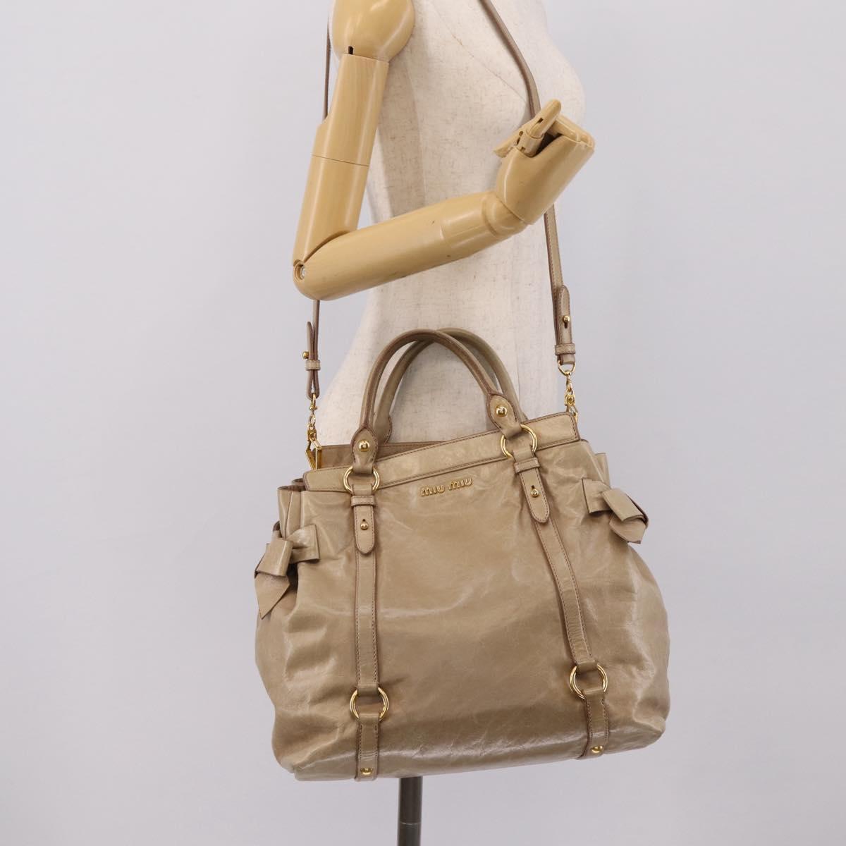 Miu Miu Side Ribbon Hand Bag Leather 2way Beige Gold RN0939 Auth am12577V