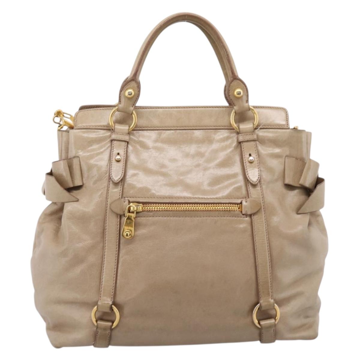 Miu Miu Side Ribbon Hand Bag Leather 2way Beige Gold RN0939 Auth am12577V