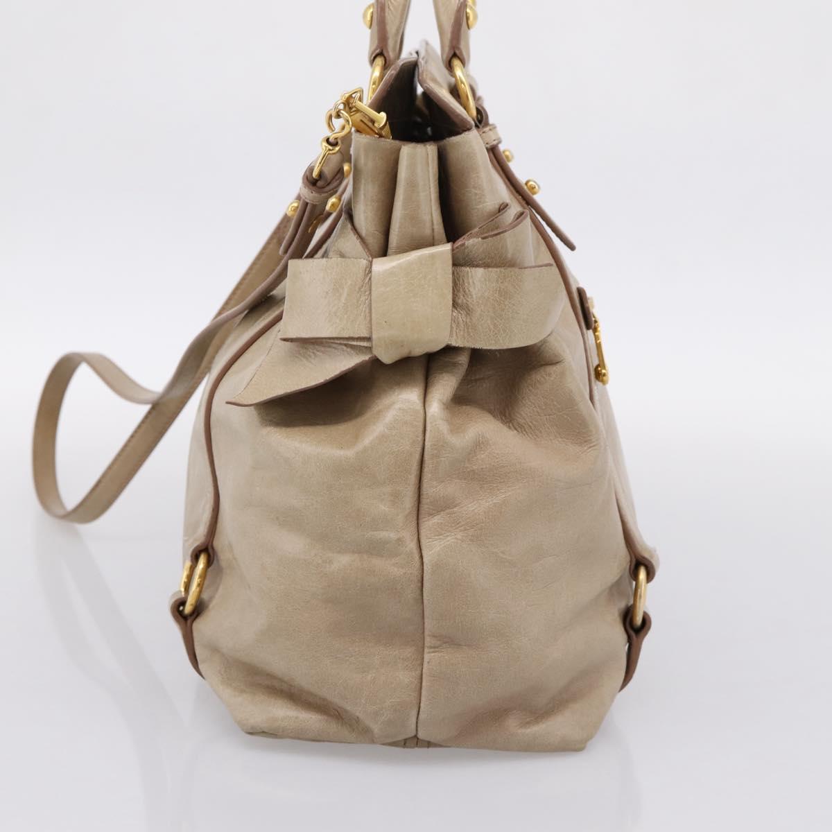 Miu Miu Side Ribbon Hand Bag Leather 2way Beige Gold RN0939 Auth am12577V