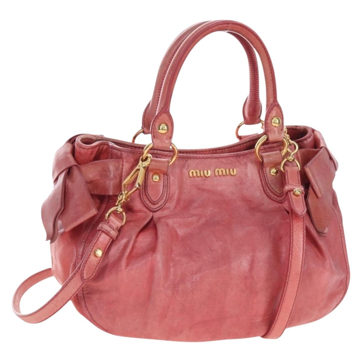 Miu Miu Side Ribbon Hand Bag Leather 2way Pink Gold Auth am12586V