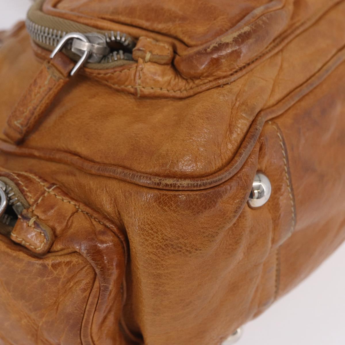 PRADA Hand Bag Leather Brown Silver Auth am12592V