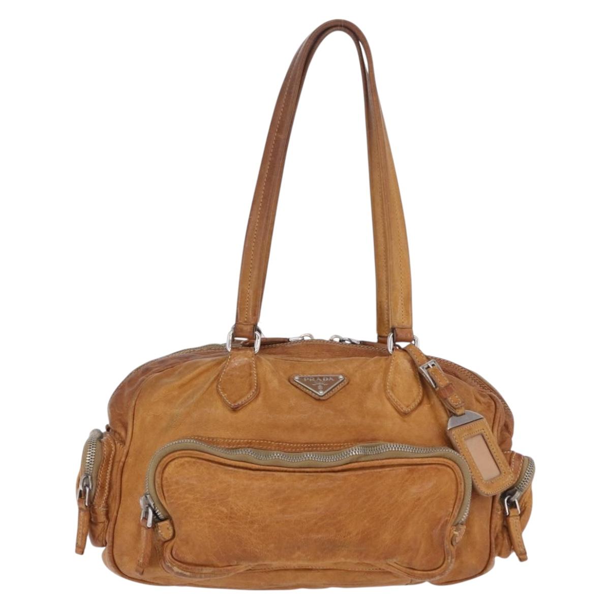 PRADA Hand Bag Leather Brown Silver Auth am12592V