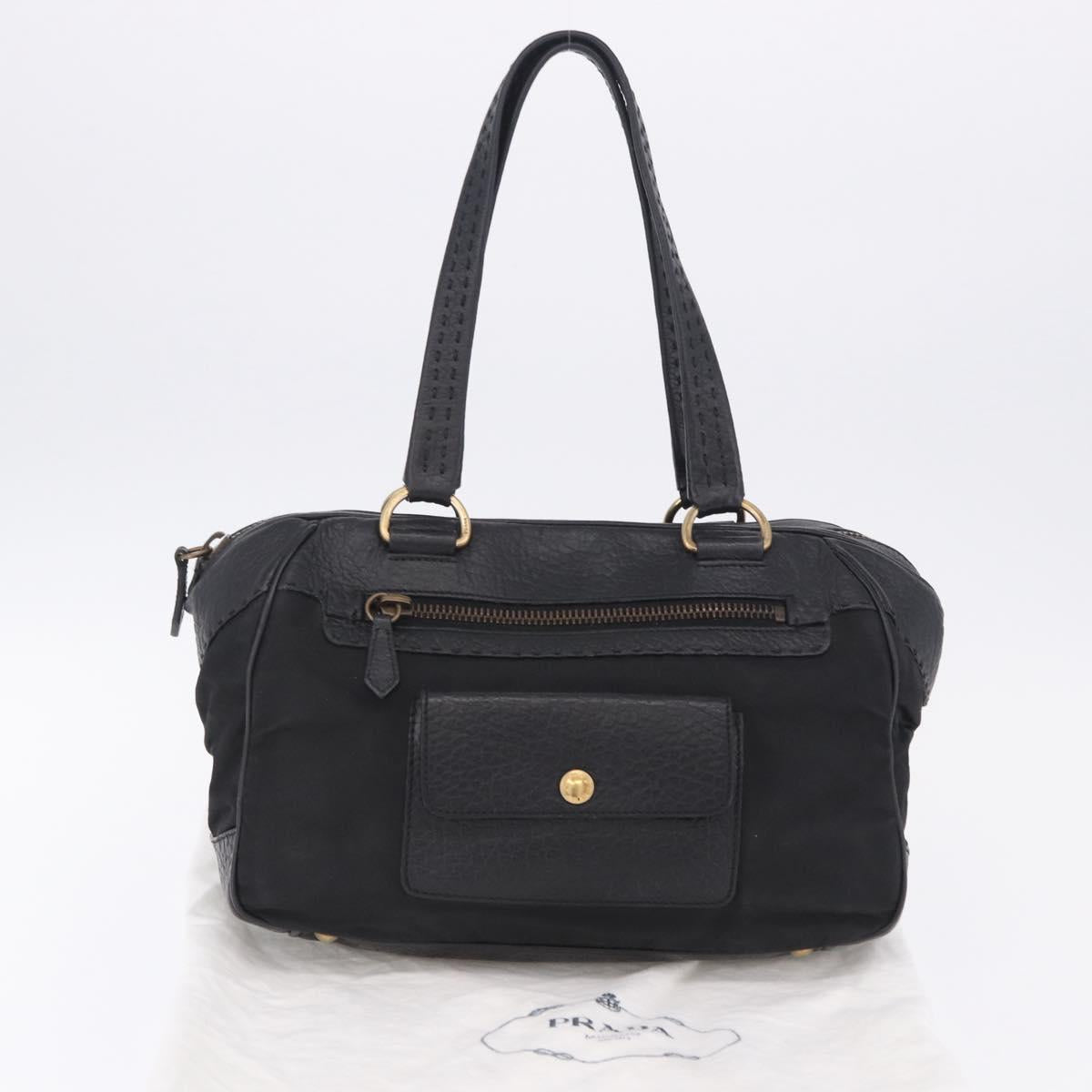 PRADA Shoulder Bag Leather nylon Black Gold Auth am12600V