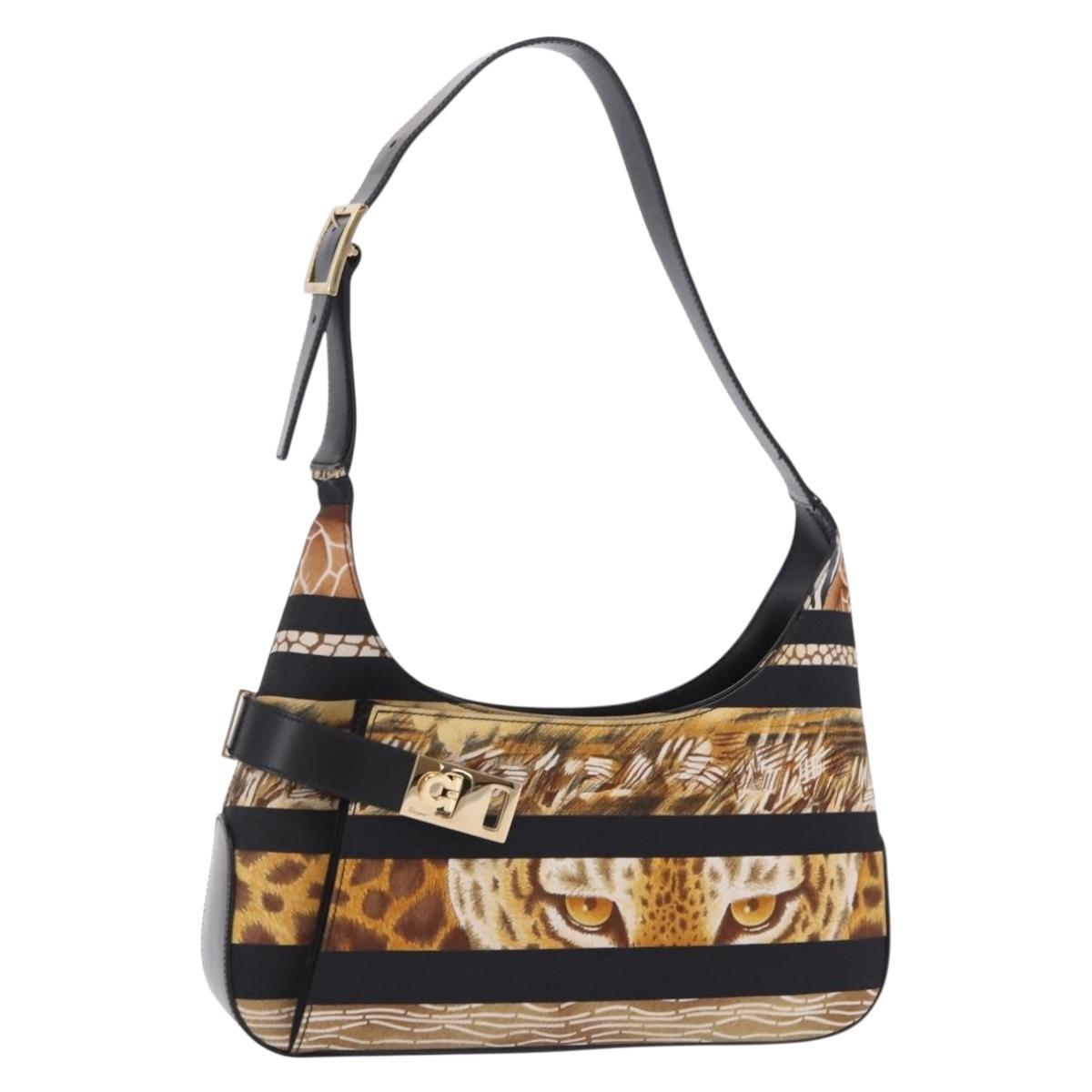Salvatore Ferragamo Leopard Hand Bag Nylon Leather Beige Gold Auth am12601V