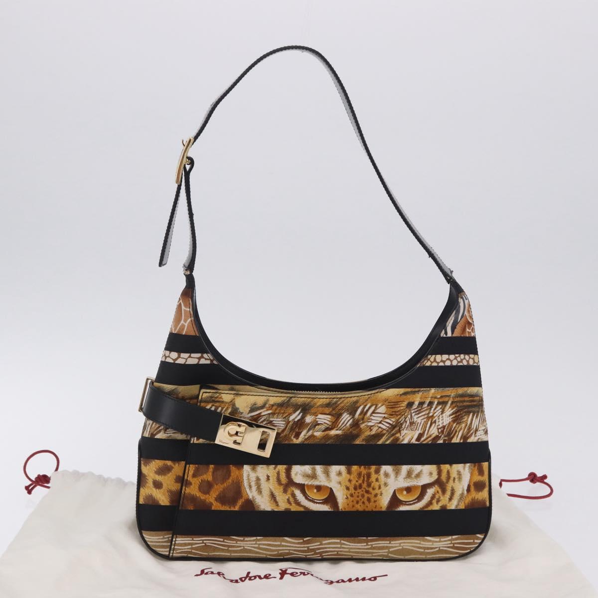 Salvatore Ferragamo Leopard Hand Bag Nylon Leather Beige Gold Auth am12601V