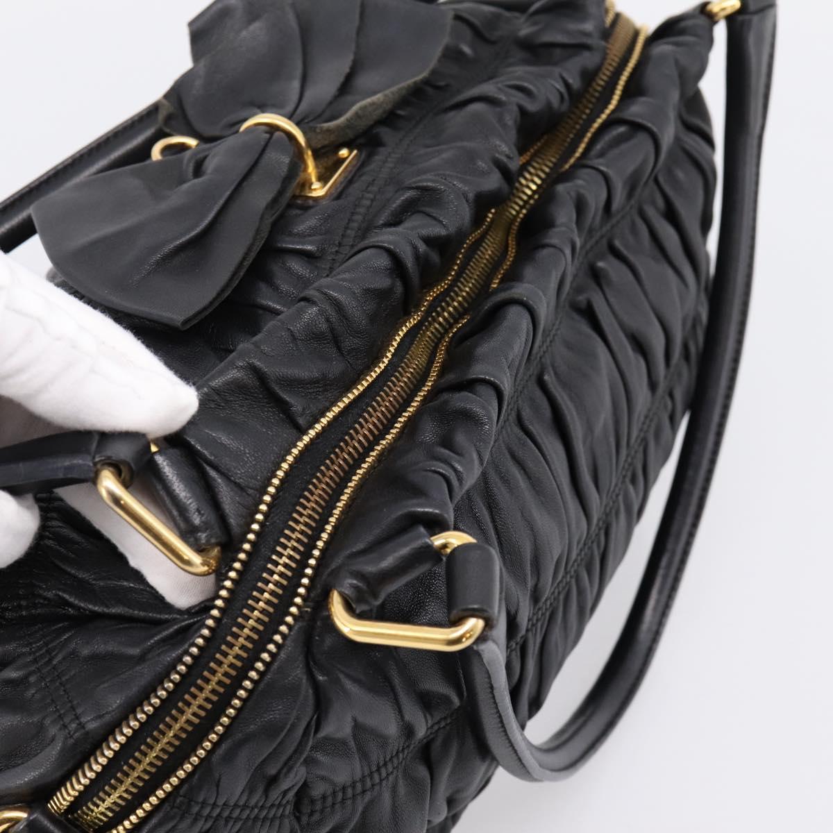 PRADA Hand Bag Leather Black Gold Auth am12603SAM