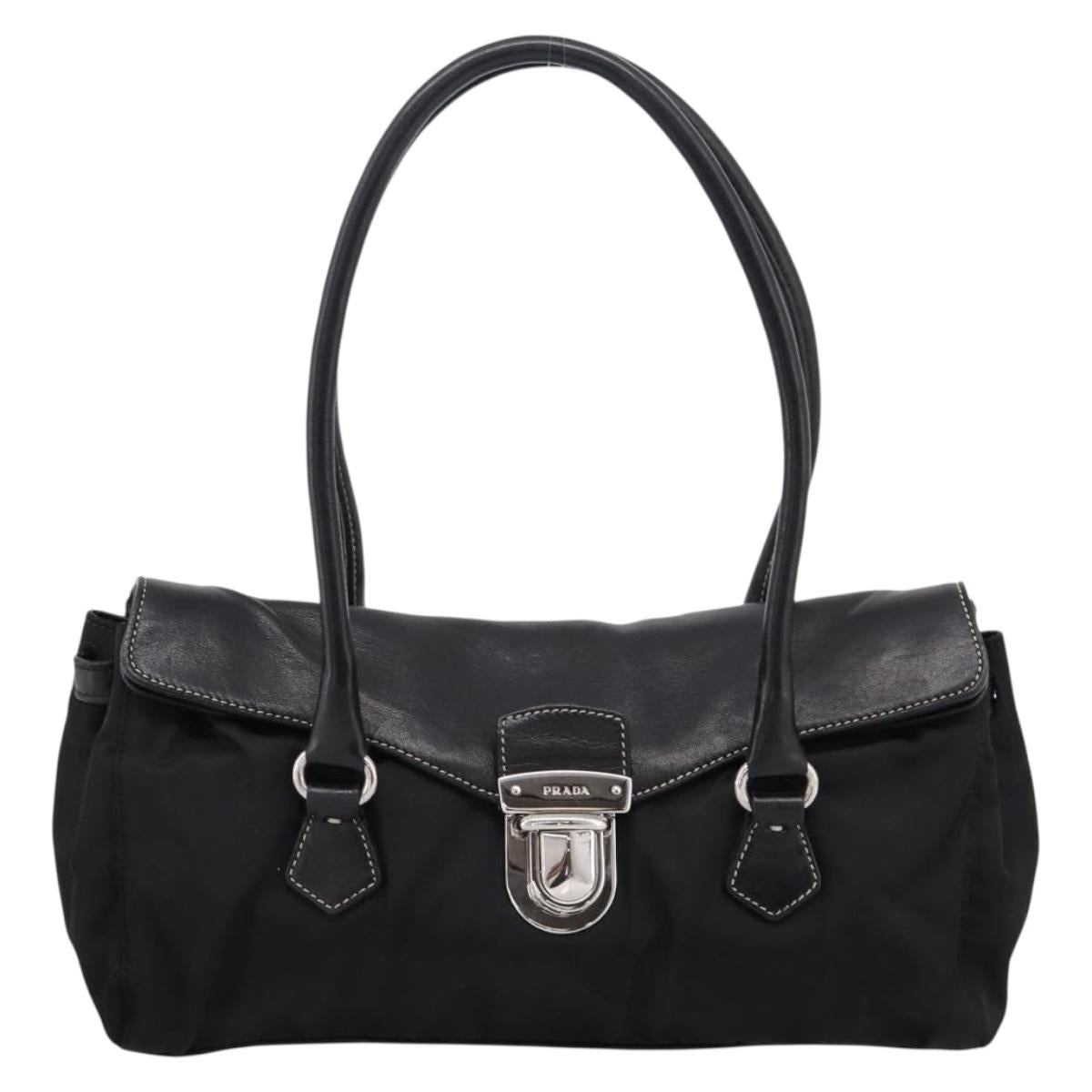 PRADA Hand Bag Nylon Leather Black Silver Auth am12605V