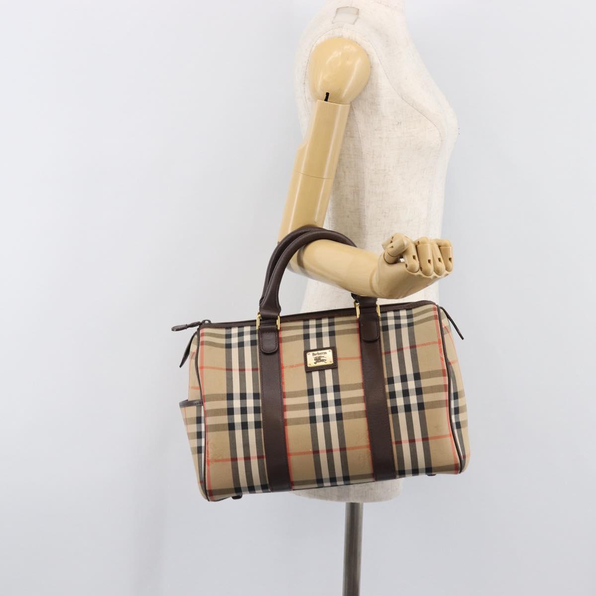 Burberrys Nova Check Boston Bag Canvas Beige Gold Auth am12606V