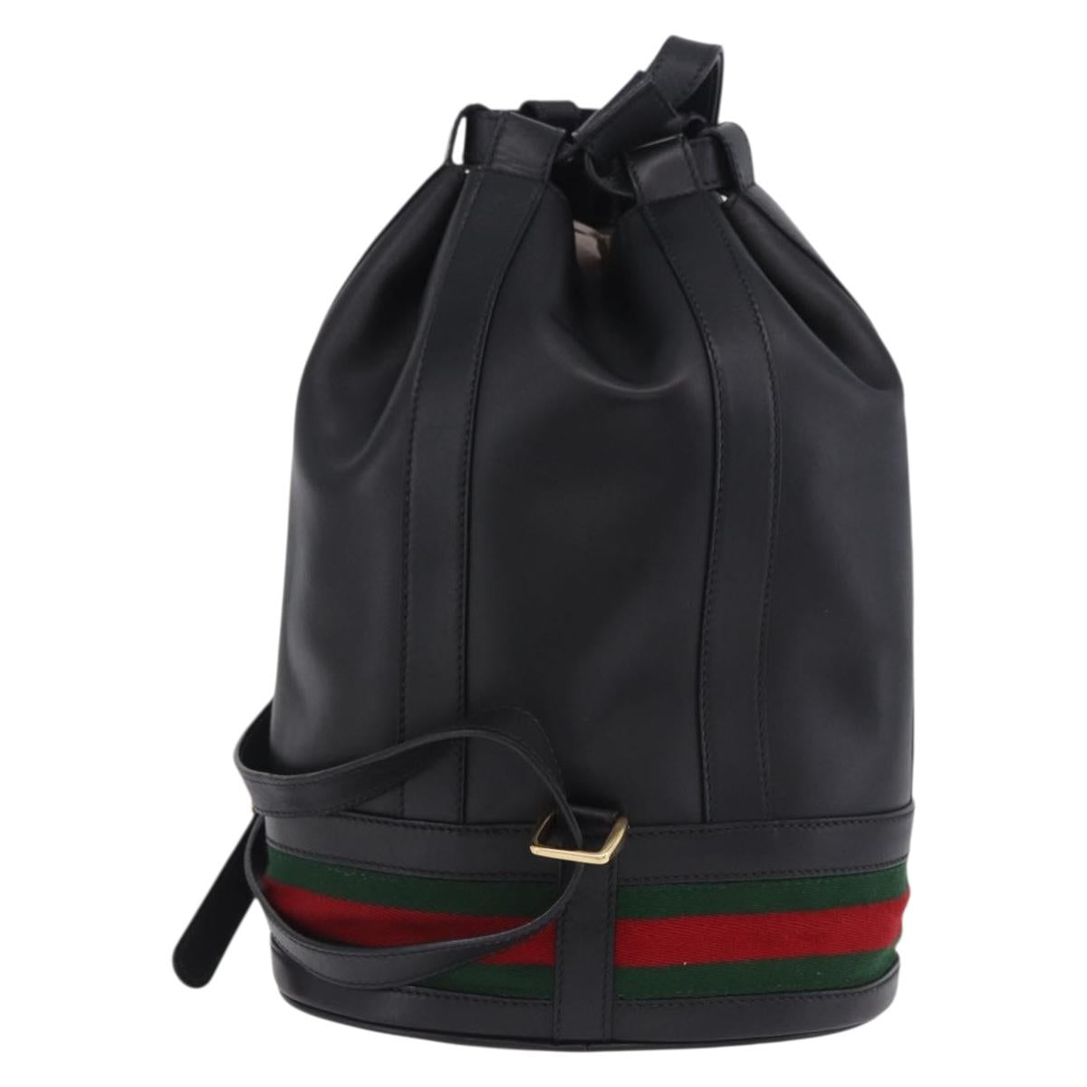 GUCCI Web Sherry Line Bag Leather Randonnee Type Black Gold Auth am12607V
