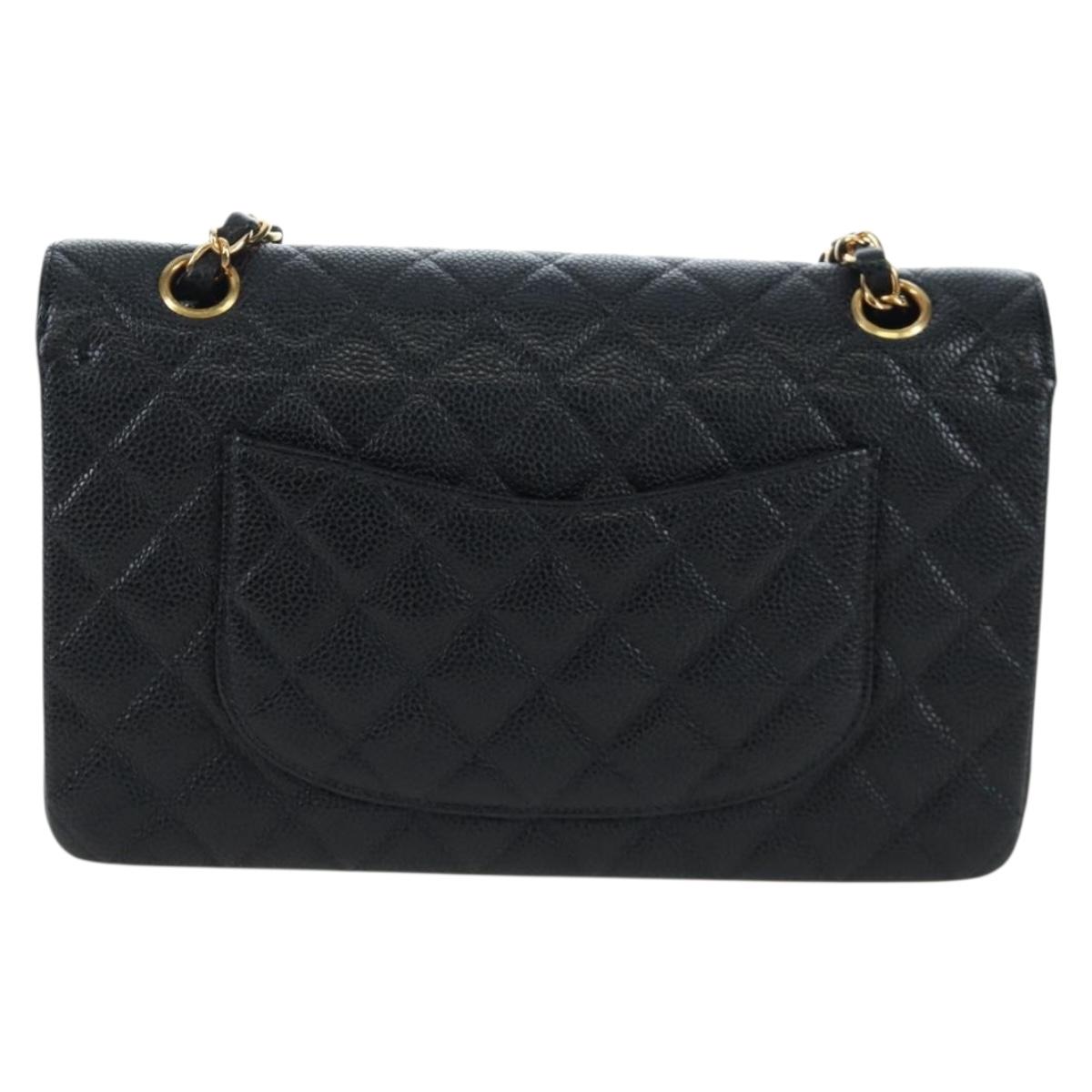 CHANEL Double Flap Chain Matelasse Bag Caviar Skin Black Gold CC Auth am12621SM