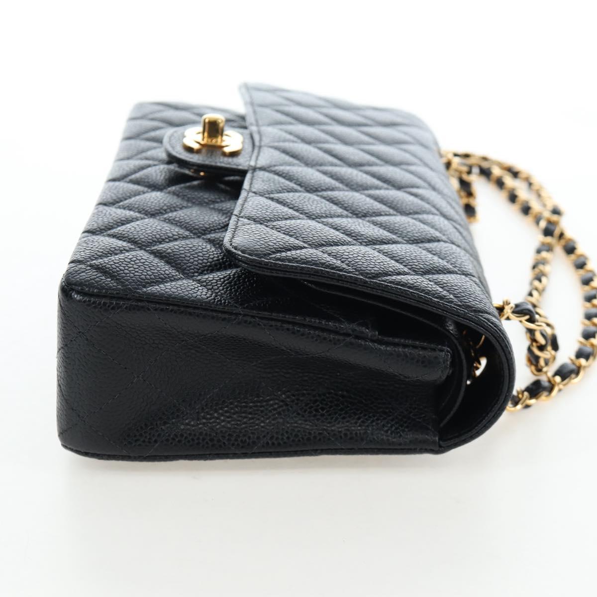 CHANEL Double Flap Chain Matelasse Bag Caviar Skin Black Gold CC Auth am12621SM