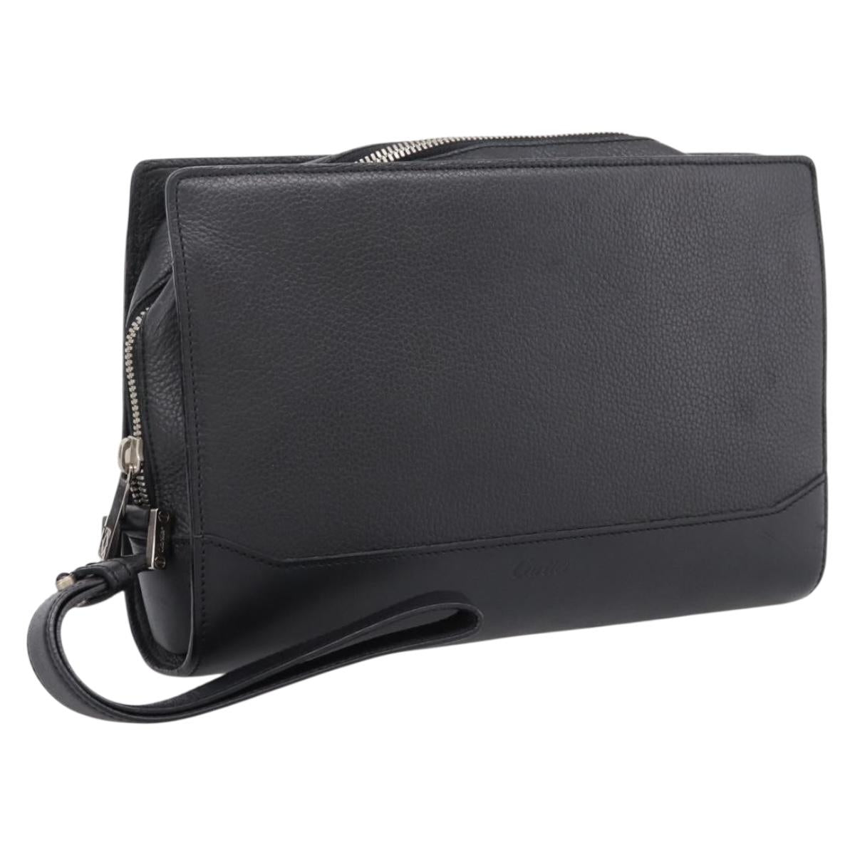 CARTIER Clutch Bag Leather Black Silver Auth am12649A
