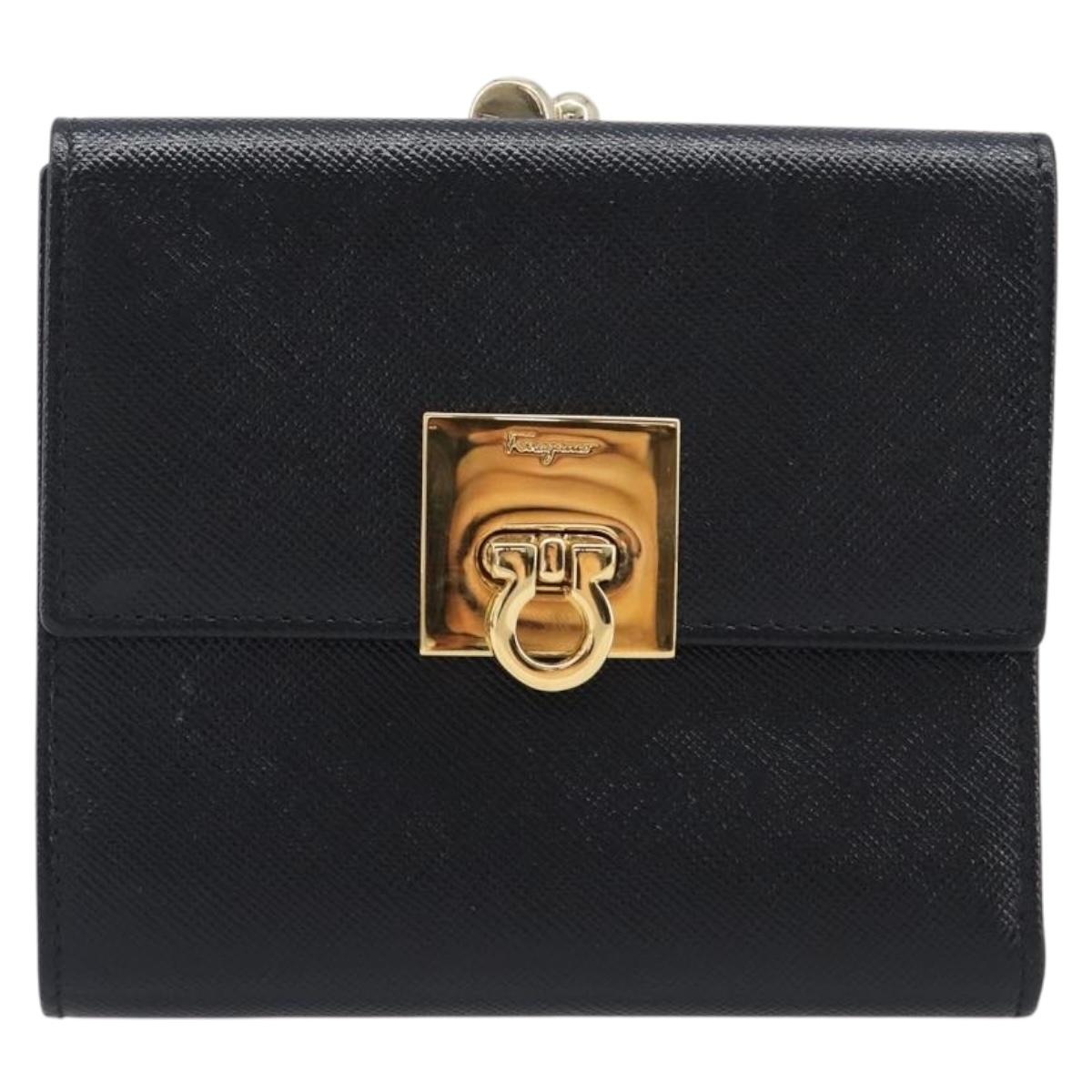 Salvatore Ferragamo Gancini Gamaguchi Compact Wallet Leather Black Auth am12650V