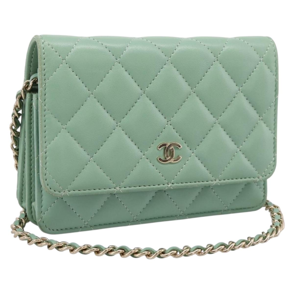 CHANEL Matelasse Chain Shoulder Wallet Lamb Skin Green Gold CC Auth am12655SAM