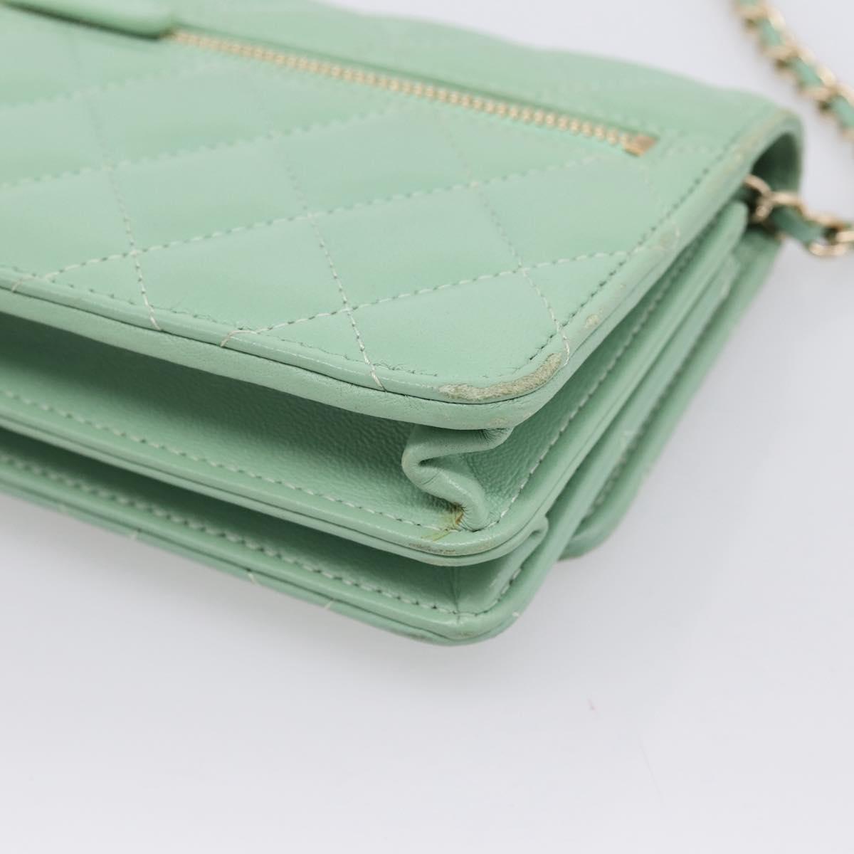 CHANEL Matelasse Chain Shoulder Wallet Lamb Skin Green Gold CC Auth am12655SAM