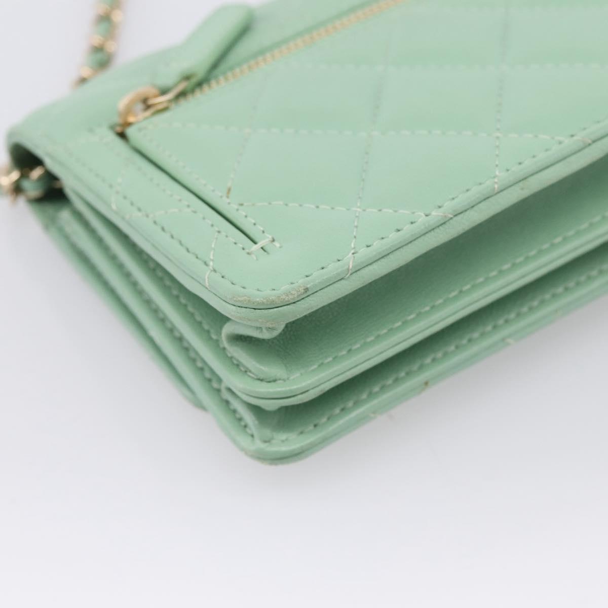 CHANEL Matelasse Chain Shoulder Wallet Lamb Skin Green Gold CC Auth am12655SAM