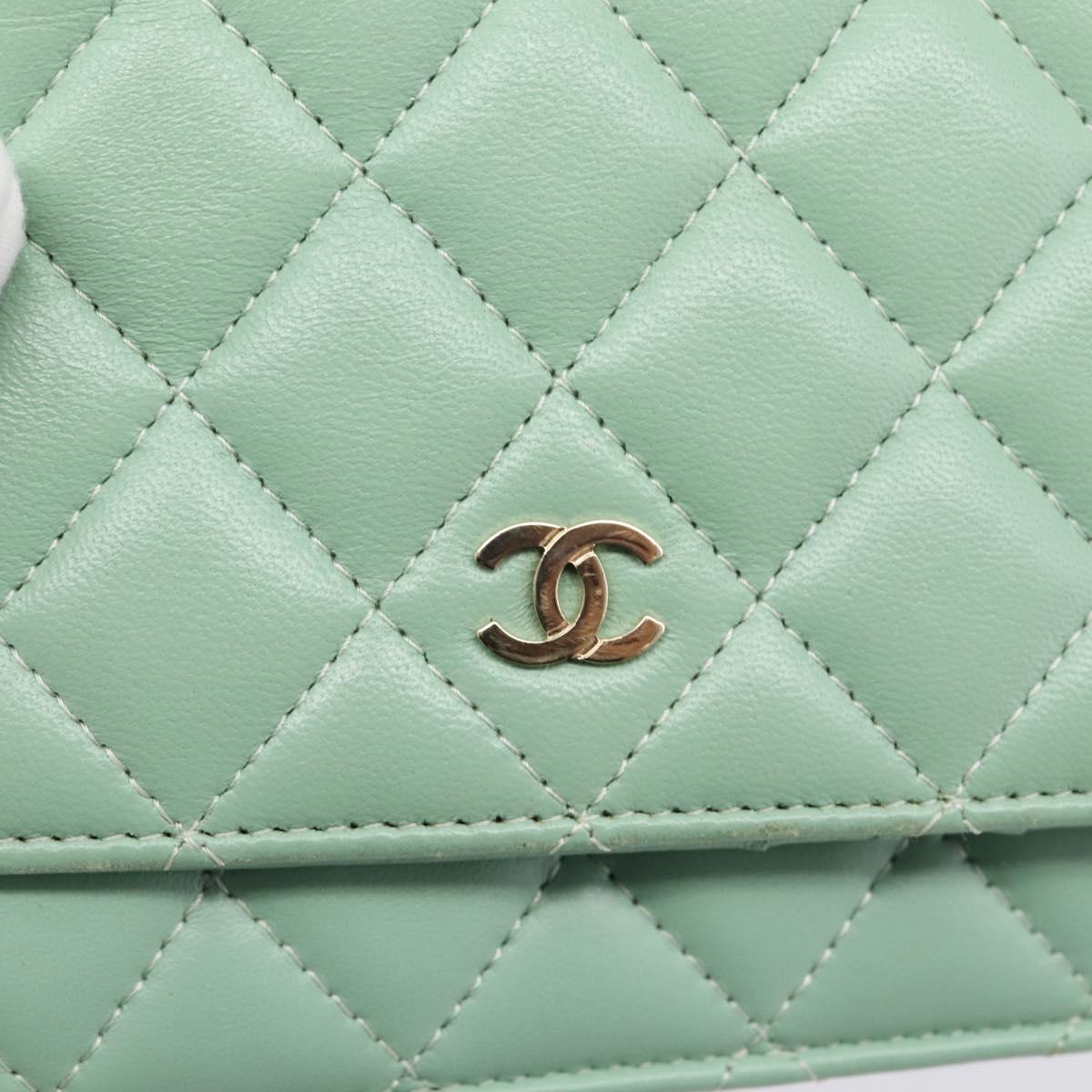CHANEL Matelasse Chain Shoulder Wallet Lamb Skin Green Gold CC Auth am12655SAM
