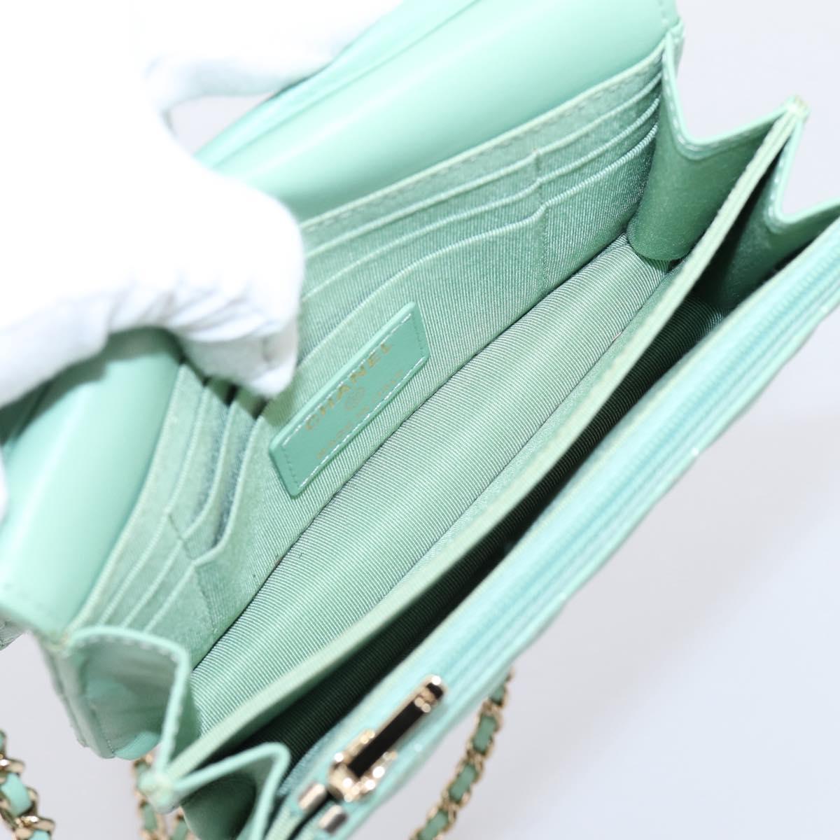 CHANEL Matelasse Chain Shoulder Wallet Lamb Skin Green Gold CC Auth am12655SAM