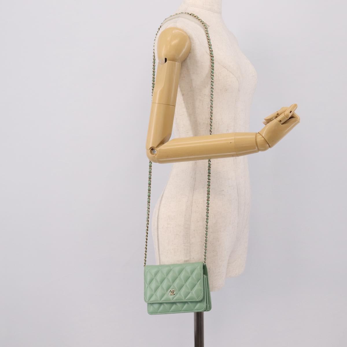 CHANEL Matelasse Chain Shoulder Wallet Lamb Skin Green Gold CC Auth am12655SAM