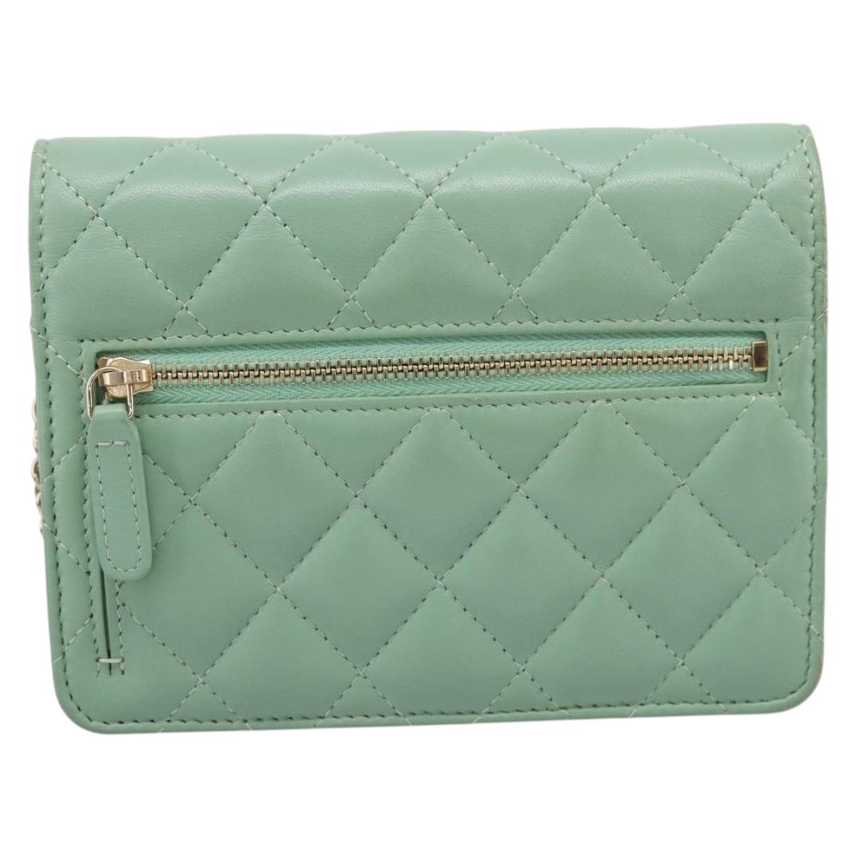 CHANEL Matelasse Chain Shoulder Wallet Lamb Skin Green Gold CC Auth am12655SAM