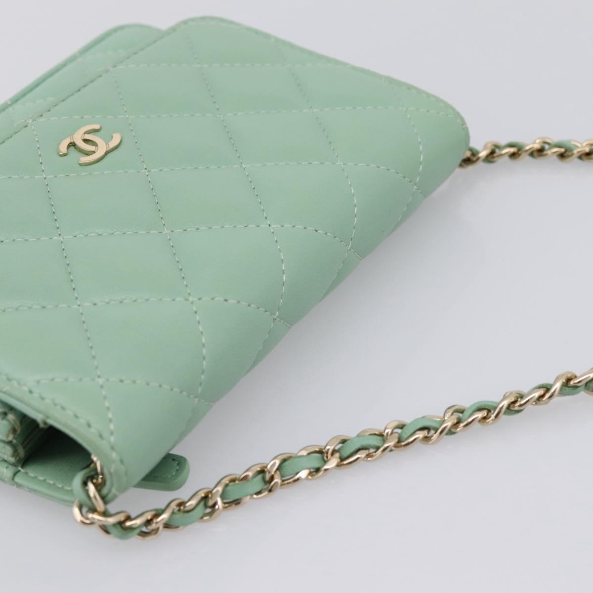 CHANEL Matelasse Chain Shoulder Wallet Lamb Skin Green Gold CC Auth am12655SAM