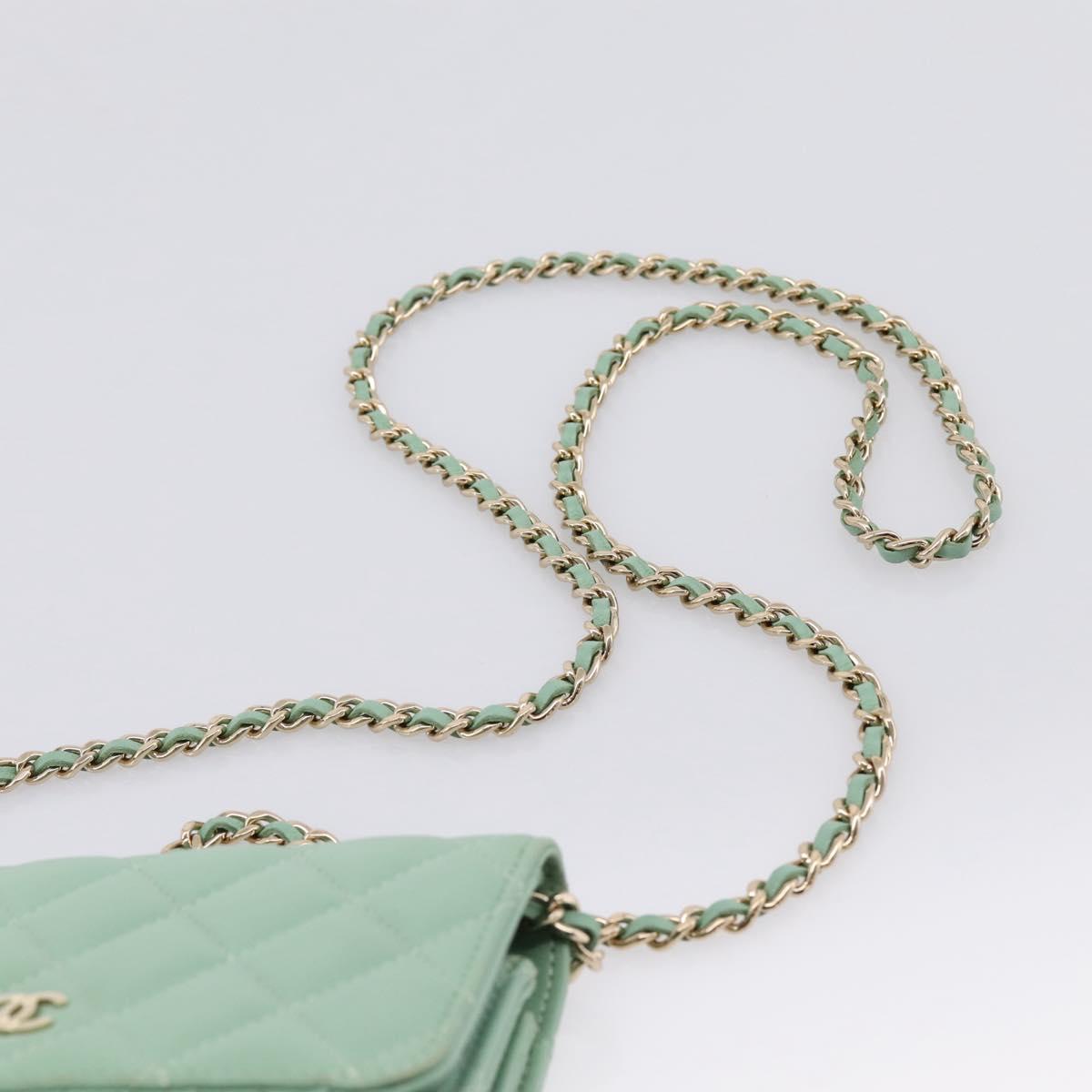CHANEL Matelasse Chain Shoulder Wallet Lamb Skin Green Gold CC Auth am12655SAM