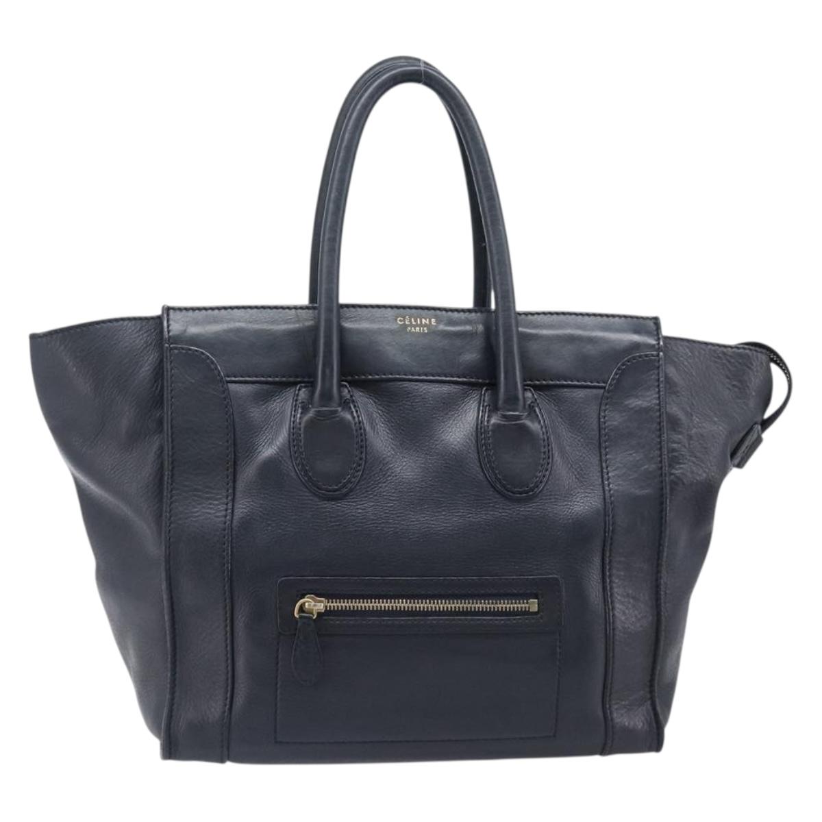 CELINE Luggage Mini Shopper Hand Bag Leather Navy Gold Auth am12658A