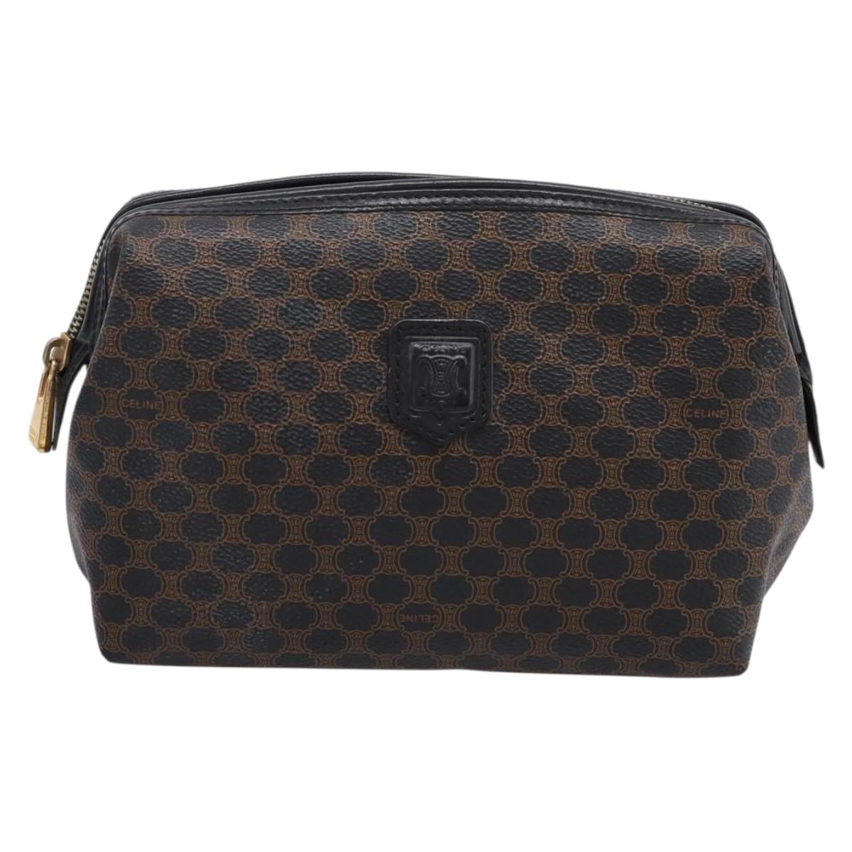 CELINE Macadam Canvas Pouch PVC Leather Black Gold Tone Auth am12663V