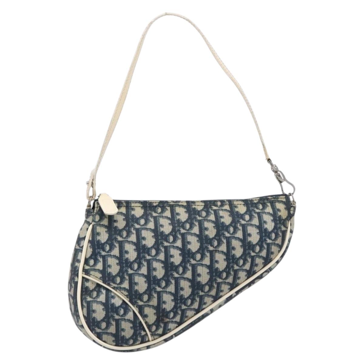 Christian Dior Trotter Canvas Saddle Pouch PVC Navy Silver Auth am12667A