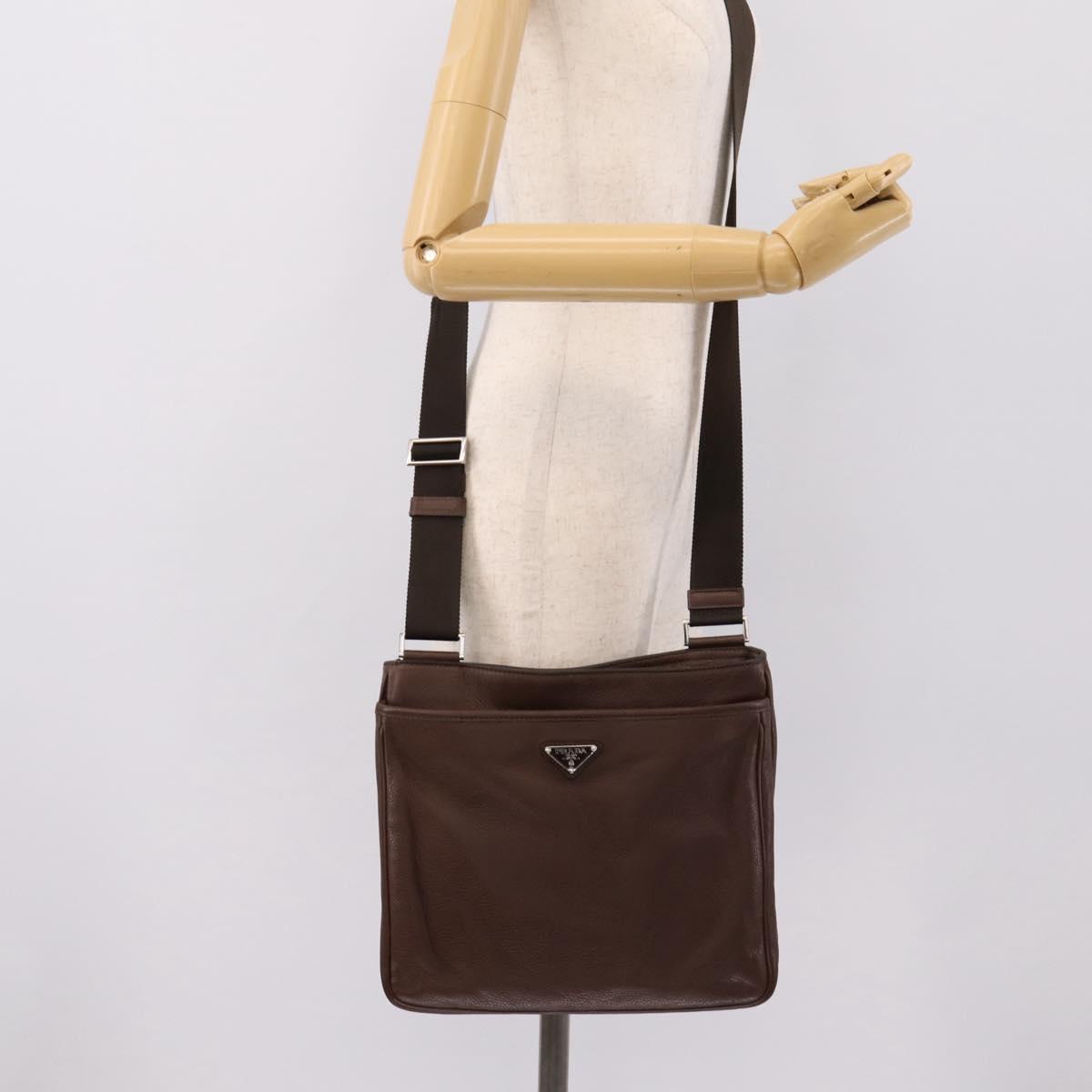 PRADA Shoulder Bag Taurillon Leather Brown Silver Auth am12669V
