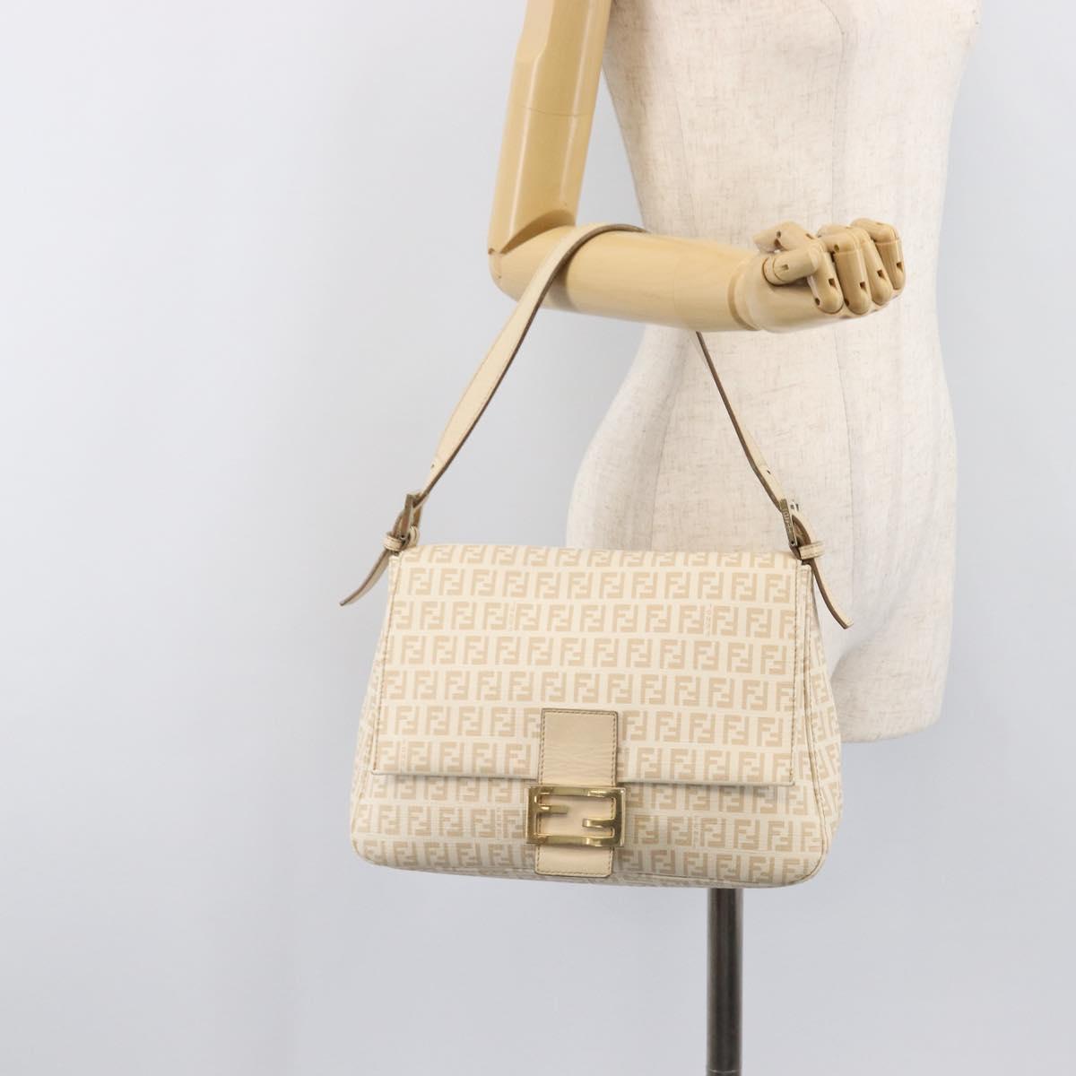 FENDI Zucchino Canvas Mamma Bucket GM Shoulder Bag PVC Beige Gold Auth am12671V