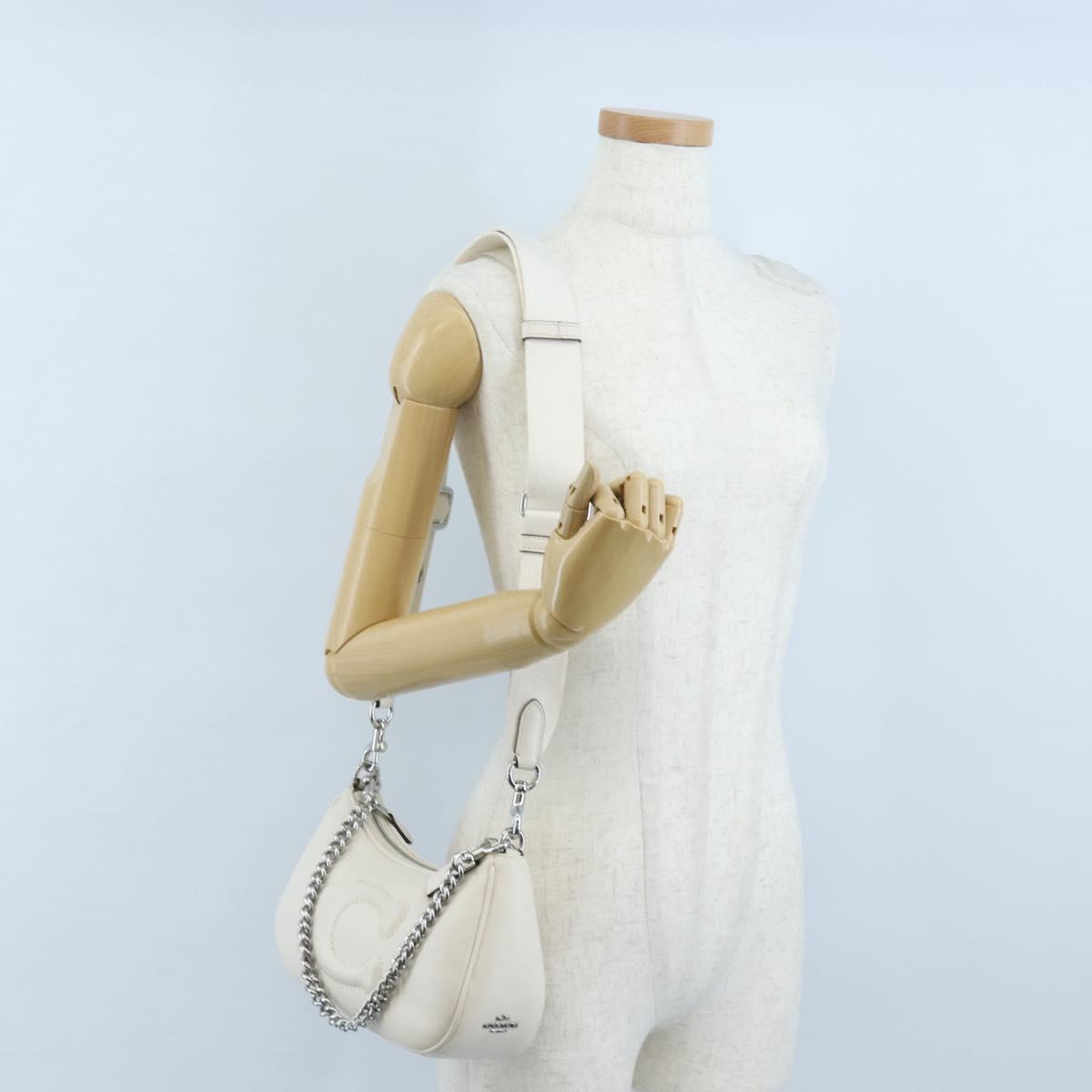 Coach Chain Teri Shoulder Bag Leather White Silver Auth am12672V