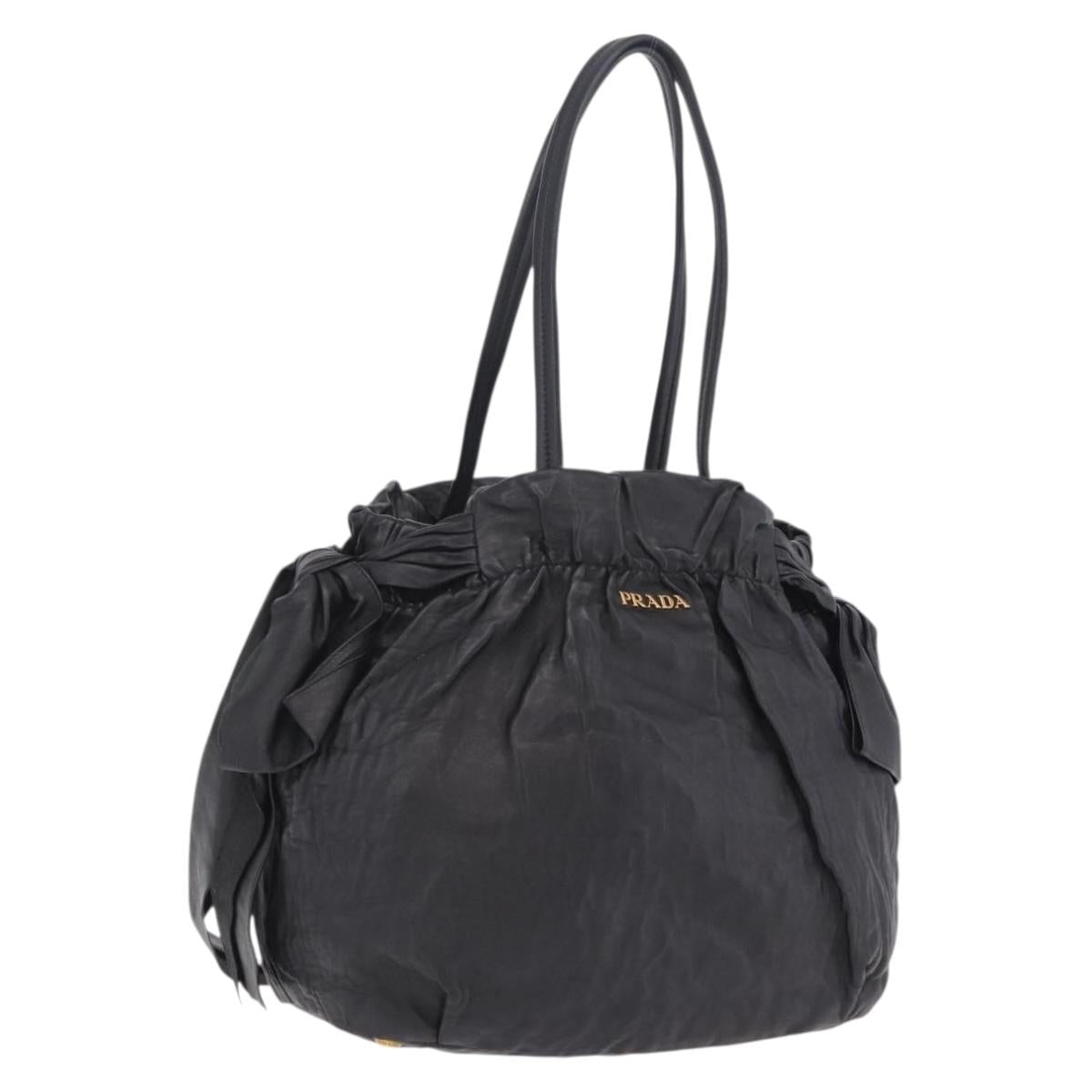 PRADA Side Ribbon Tote Bag Leather Black Gold Auth am12722V