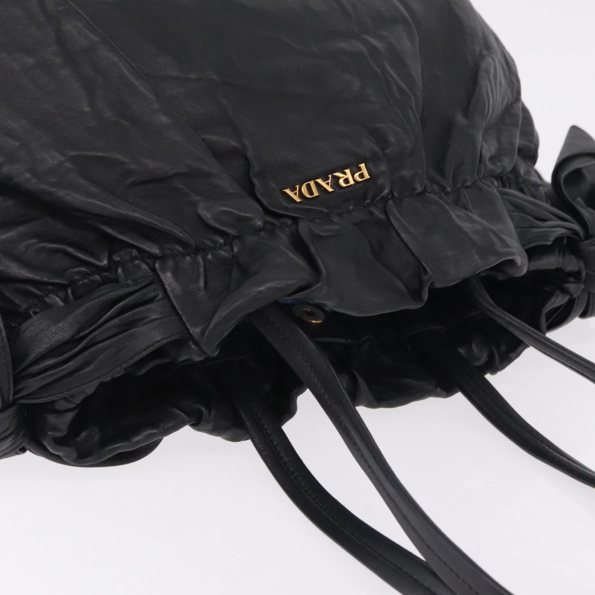 PRADA Side Ribbon Tote Bag Leather Black Gold Auth am12722V