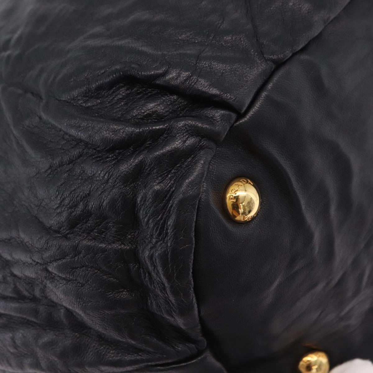 PRADA Side Ribbon Tote Bag Leather Black Gold Auth am12722V