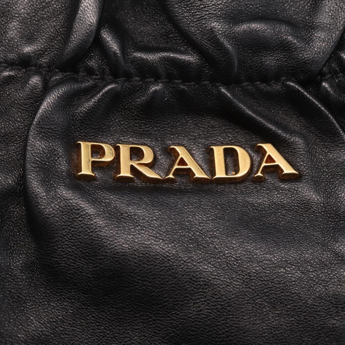 PRADA Side Ribbon Tote Bag Leather Black Gold Auth am12722V