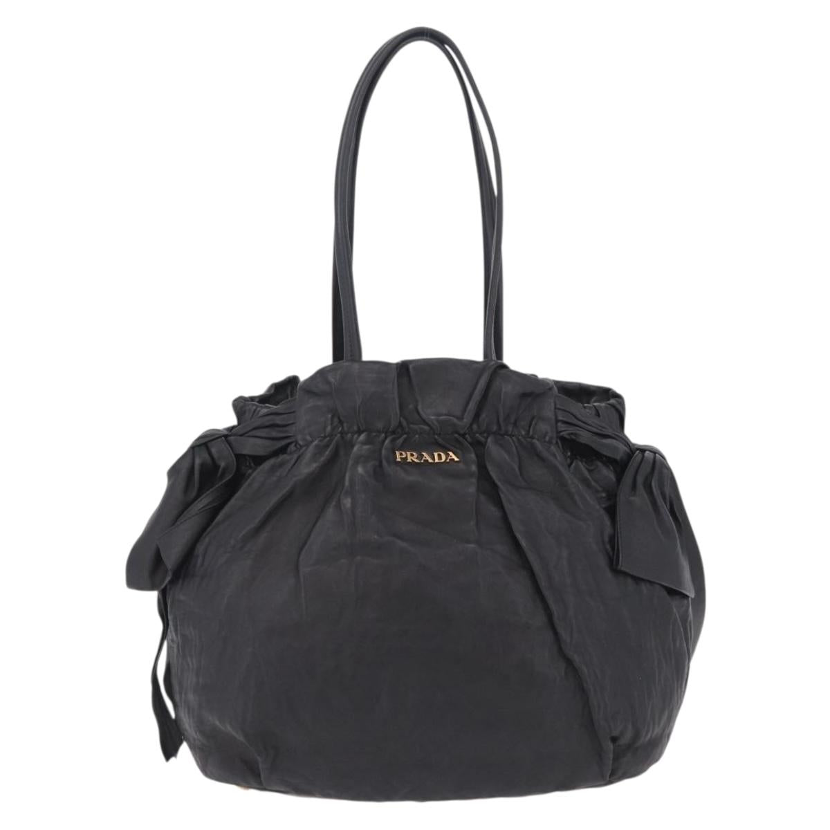 PRADA Side Ribbon Tote Bag Leather Black Gold Auth am12722V